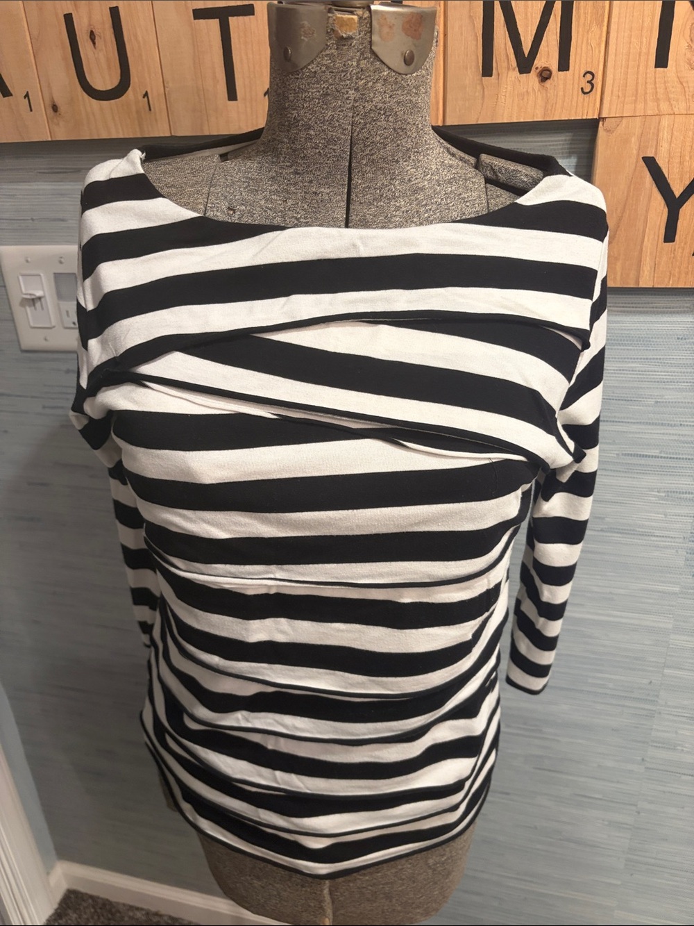 Verve Ami Black and White Striped 3/4 Sleeve Top